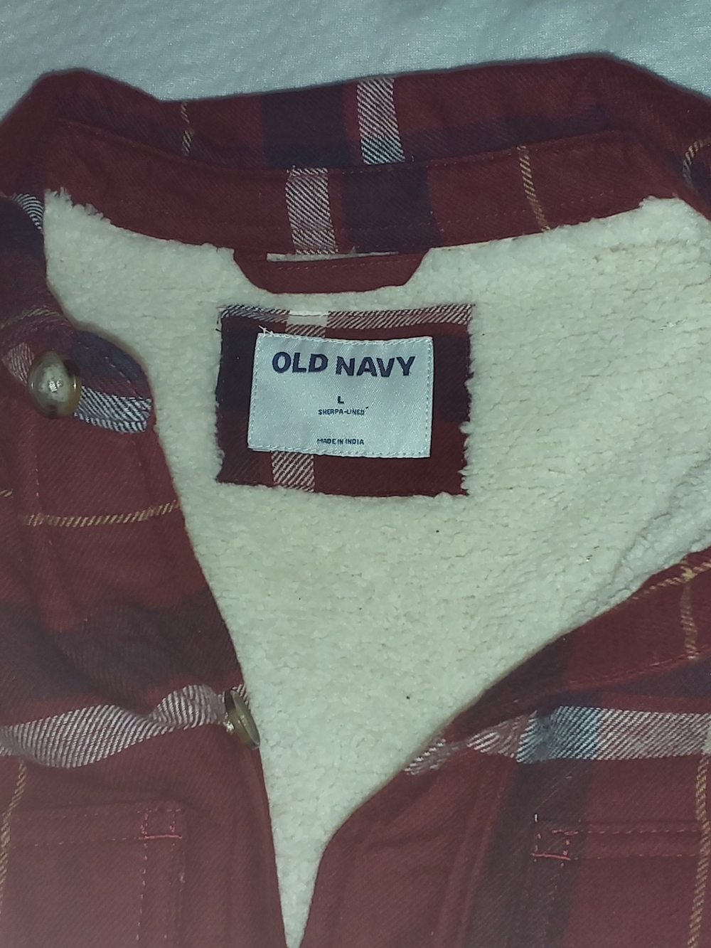 Old Navy Burgandy, Navy, White, And Cream Plaid Sherpa-Lined Jacket
